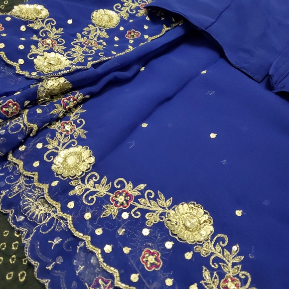 Blue Silver Rhinestone Beaded Saree Sequin bridal wedding sari Party Indian - Picture 1 of 5